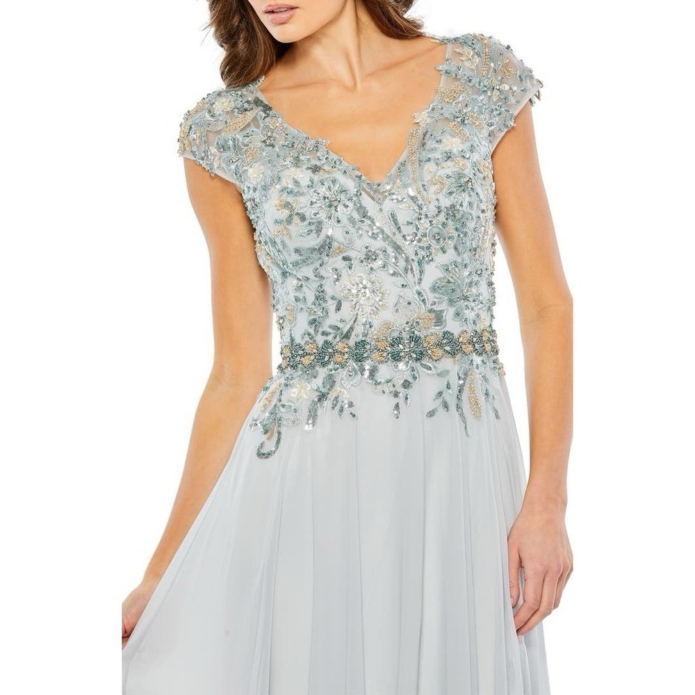 MAC DUGGAL 79365 EMBELLISHED CAP‎ SLEEVE FLOWY BODICE SEAMIST CHIFFON GOWN  sz 6